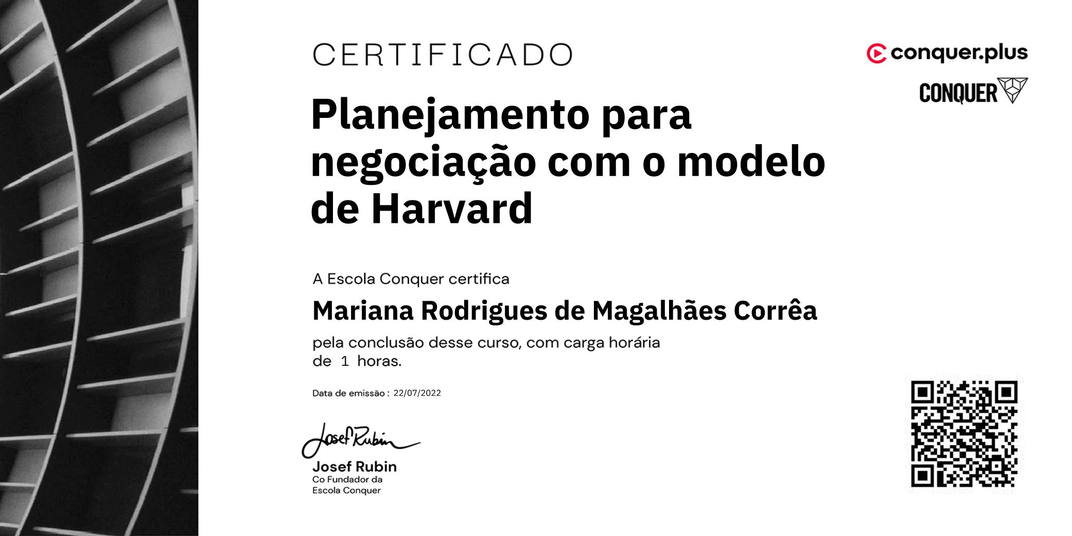 Certificado de Planejamento para negociação com o modelo de Harvard